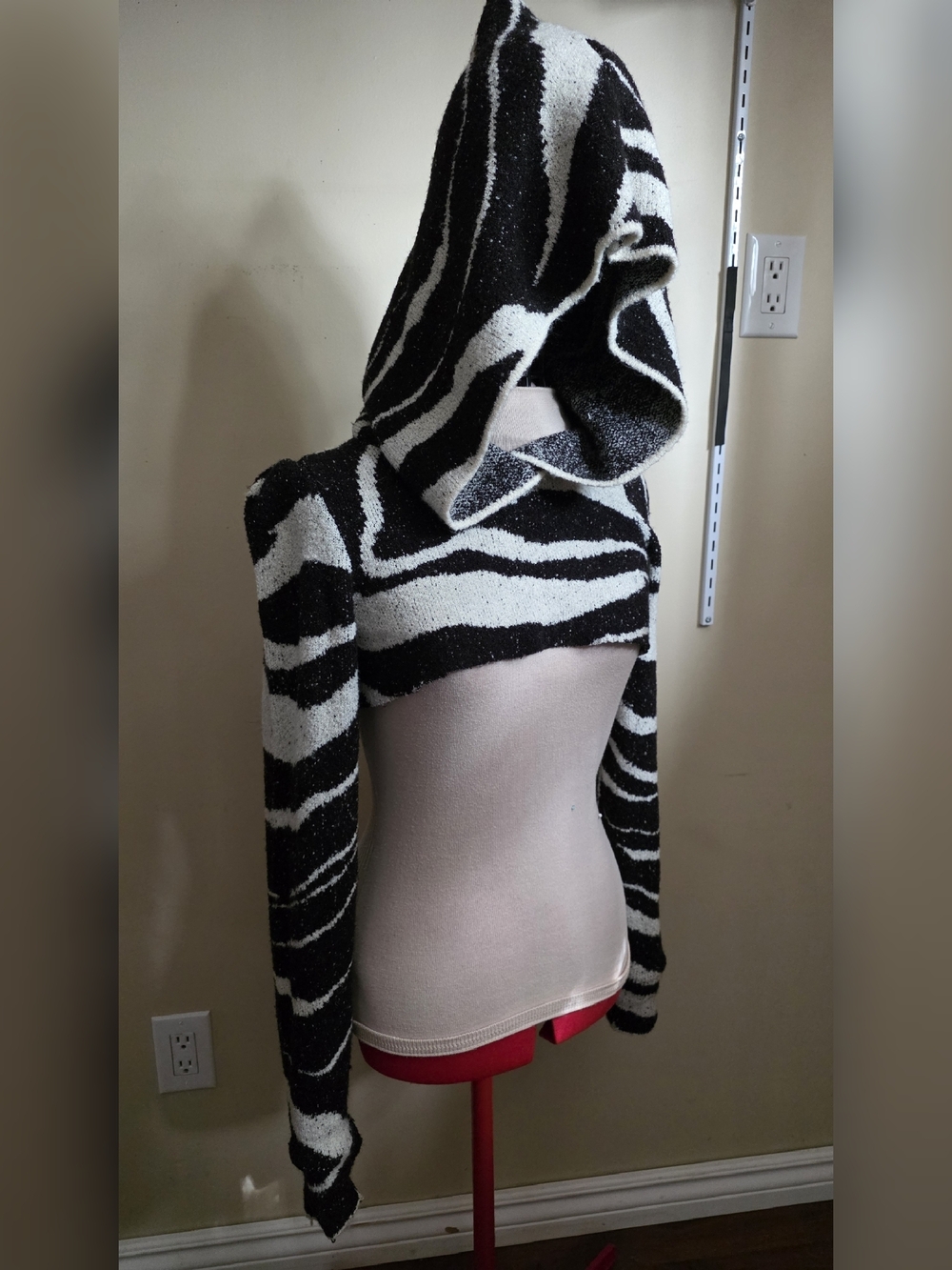 reworked black and white swirly striped hooded sweater